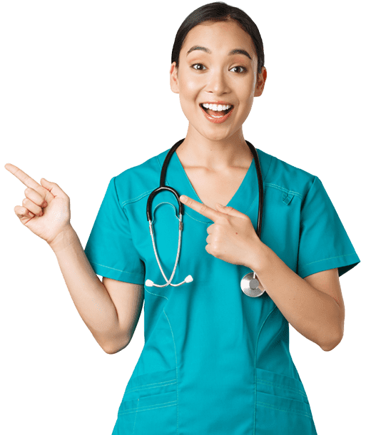 Happy nurse recommending studying hq