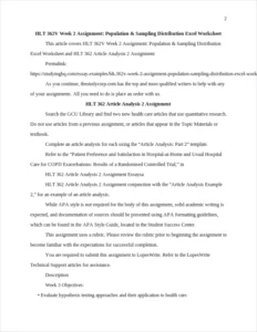 HLT 362V Week 2 Assignment: Population & Sampling Distribution Excel Worksheet β page 2